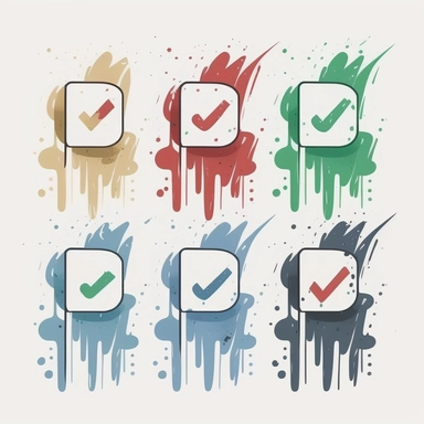 Six cute check mark,tickicons vector clipart in the style of lively brushstrokes,Dialog box is blank in the middle， label and marker style, minimalism, muted colors, white bakcground