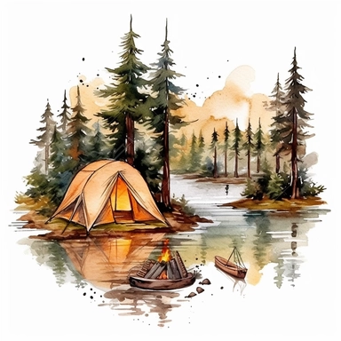 camping, tents, lakes, trees, watercolor, for a t-shirt clipart