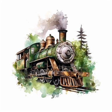 Steampunk styled rusted steam train with watercolor effect,unrealistic fantastic,white background,suitable for digital cliparts,fantastic scene,high quality,leaves,ivy,green plants