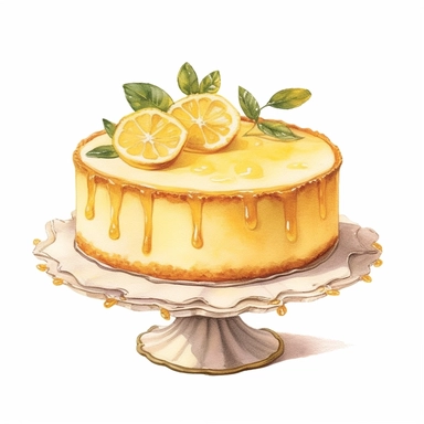 Cute - french style lemon flavored burnt basque cheesecake clipart, 1940, water color