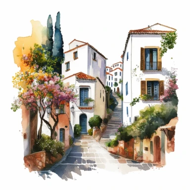 beautiful watercolor clipart of white houses on a cobbled street in a French hillside village near the Mediterranean sea, warm summer hues, compositions on an isolated white background. Bright landscapes illustrations, highly detailed