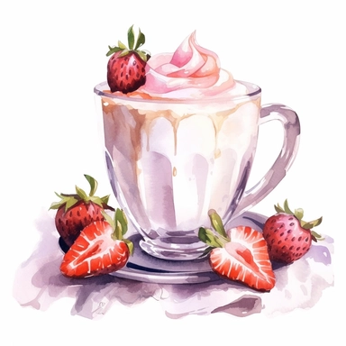 watercolor clipart illustration of milk coffee, with dessert with cream and strawberries, on table in rose garden, summer bright day, white background