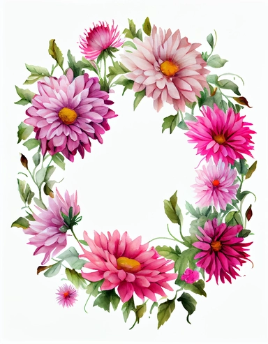 detailed vibrant watercolor attractive pink aster flower round wreath with very wide middle white space , isolated on white background, realistic, clipart