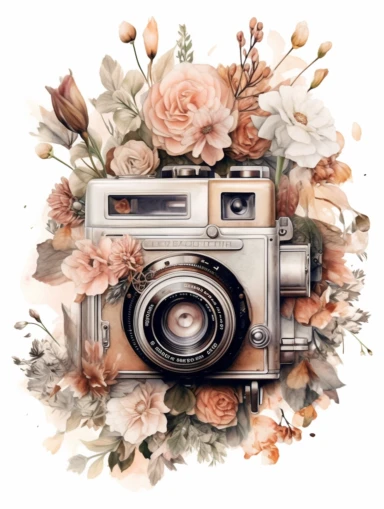 a watercolor old camera 1 photo lens only, colector's item, surrounded by an intricate arrangement of dramatic extravagant ultra realistic digital 3D giant brown and white lucky flowers, in the style of large-scale photography, lush detailing, used style, photorealistic, playfully intricate, made of flowers, bloomcore, 8K, clipart, clear background