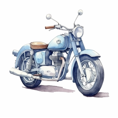 light blue motorcycle, gray wheel, watercolor drawing, simple illustration, hand drawing, shadowless basic hand drawn watercolor painting, clipart, complete side view, basic, pastel, 2D