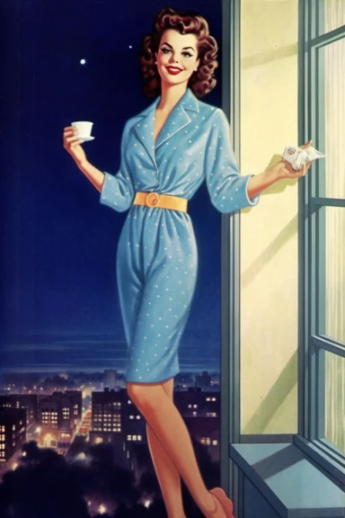 Vintage Illustration, At night, At night, a woman in pajamas stands by the window, wearing blue slippers and holding a glass of milk, Long-range view, Full body view, cheesy 50s vintage clipart image by cynthia flanders, in the style of traditional costumes, photomontage, whitcomb-girls, light indigo, gigantic scale, romanticized femininity, contrasting 8k
