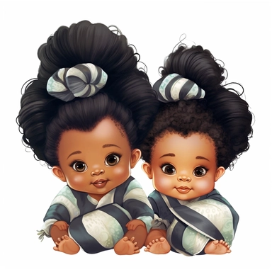 Cute Pekapoo baby black new born girl clipart with two massive hair buns in colorful cloth, white background