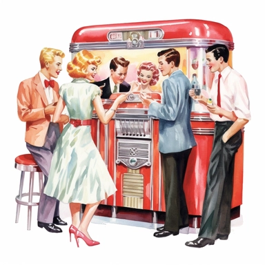 A group of friends gathered around a jukebox in a 1950s-style diner, selecting their favorite tunes and dancing, american style, watercolor, clipart