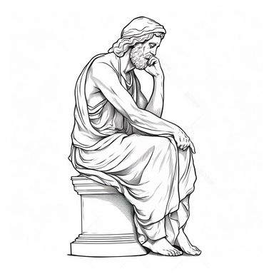Sticker, clipart, Antique Greek Statue sitting on toilet and thinking about existence , contour, vector, white background, white outline.