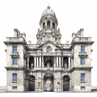 Isolated images, illustrations on a white background, facing front, elevation view, Trinity College Dublin Ireland, Clipart, watercolor, realistic, isolated, full building, highly detailed, hdr, 32K, photo expert quality, watercolor realistic, hyperrealistic and highly detailed, isolated on a white background