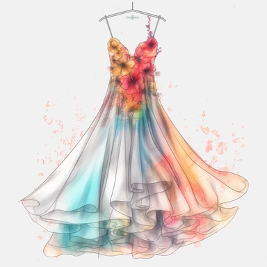 panoramic view, full view, beautiful flowing tropical party dress in vibrant colors on ornate hanger, shabby chic, elegant, ethereal, romantic, fantasy, high detail, shabby chic, sharp focus, 8k, photo realistic, illustration sketch, clipart style, transparent background