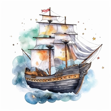 cute watercolor pirate ship clipart, full body, hd, on white background, spaced out