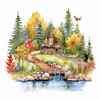 watercolor clipart painting of a Colorado mountain landscape, with evergreen pine trees, pinecones and sage green trees, with some yellow aspen trees and white birch trees, log cabin in the wood with smoke coming out of the chimney. there is a little bridge over the blue and green stream with rocks and lily pads in the babbling brook, a red cardinal and some hummingbirds, butterfly and dragonfly, a dusk sky with a moon and a few stars, hd, magical and whimsical illustration with a little gold gl