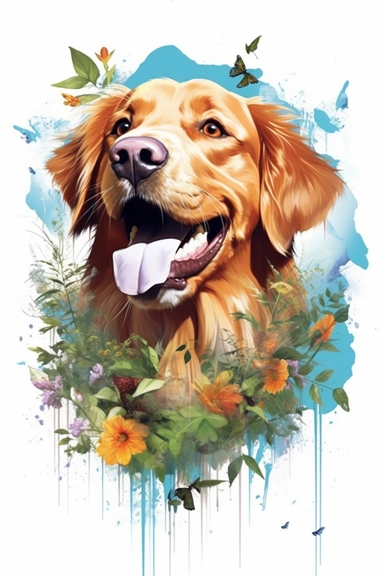 white background, dog, 3d, super closeup, sticker, photorealistic, artwork of t shirt graphic of majestic forest, in digital painting style , beautiful flowers, sunset mountains and clouds , big vines, plants sorround, highly detailed clean, vector image, photorealistic masterpiece, professional photography, realistic, flat white background, isometric, vibrant vector, clipart, illustration, realism, 4k, , cinematic, front view, paradise, extremely white background