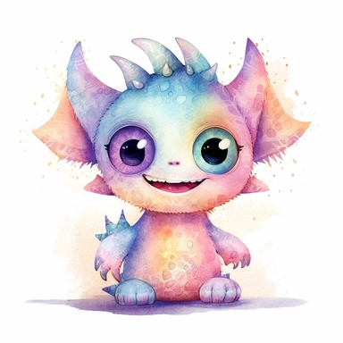 watercolour illustration, cute baby monster, big eyes, smiling, pastel, pale colourful, aquarrellist, clipart, isolated, white background,