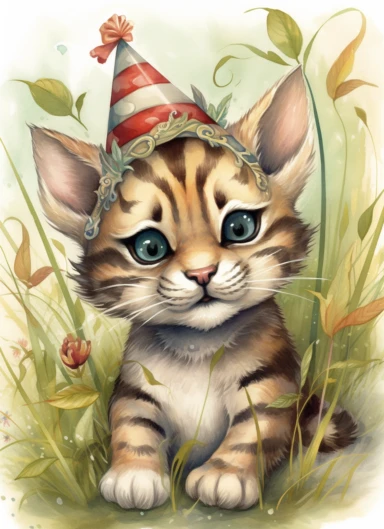 clipart,a cute little tiger in a field with a party hat on its head and a bandana on its neck,in the style of jody bergsma, 32k uhd, hand-painted details, charming character illustrations, dark brown and light beige,red/green, aquarellist, hd , white background clipart