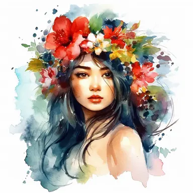watercolor style, asian-origin girl with flowers on her head clipart, isolated on white background, hd
