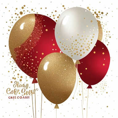 Red and Gold Balloons Clipart, glitter balloon png digital overlays with glitter confetti for birthdays, white background, no shadows
