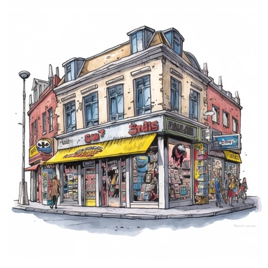 a Belgium Comic Strip Center in the style of watercolour clipart with detailed brush strokes