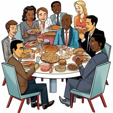 a multicultural lunch between coworkers where veryone brings a meal from their cultural origins. The image has a clear colored background and some white space on top of the image. The ethnicities must be equally divided in number. Everyone is dressed prof