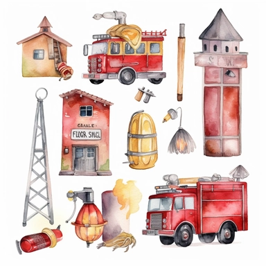 watercolor fire department elemets clipart cute neutral decent colors on white background