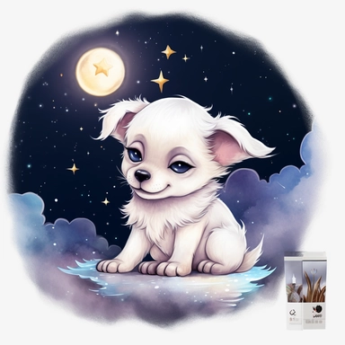watercolor Puppy, big eyes, cute, sleeping and hugging a pillow. and sleep on the crescent moon Surrounded by twinkling stars, sweet dreams vividly bold designs png realistic cartoon in 32K UHD cute. 15 cm thick outline. There was no shadow on the ground. 8k with realistic watercolors. and detailed illustrations. PNG clipart , transparent white background