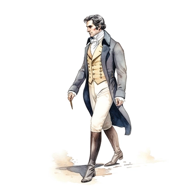 realistic watercolor portrait of a Regency gentleman in elegant attire, walking, white background, clean outline, clipart. no mockup