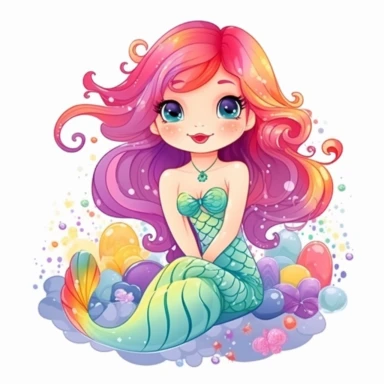 A cute adorable beautiful ariel mermaid with rainbow colors, cartoon, clip art, white background