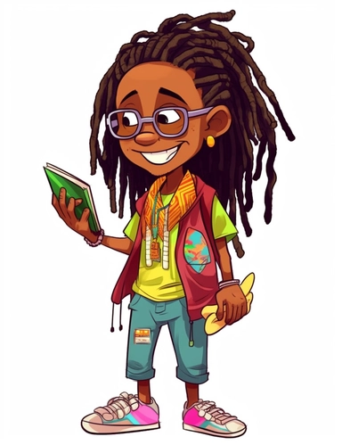 cute cool smiling black boy with wild colorful dreadlocks, reading, chibi style, jewelry, hip hop clothing, hands in pocket, clipart, whole body, white background,