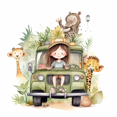 Watercolor clipart, A super cute happy girl and safari animals, in a jungle jeep, illustration watercolor style, minimalistic, clipart, children's book illustration, hd, 16k, 4k, isolated white background, single design, single object, watercolor illustration by mark ryden, print on demand image, PNG transparent background, solid white background for Clipart