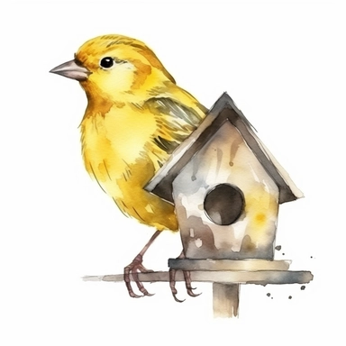 Chirpy yellow canary with a birdhouse, watercolor, clipart, on isolated on white background.