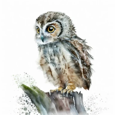 Watercolor Clipart Baby Owl Observing its Surroundings (no text, no caption, white background)