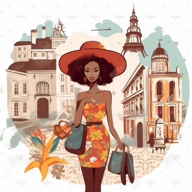 clipart of african american woman traveling through europe. white background