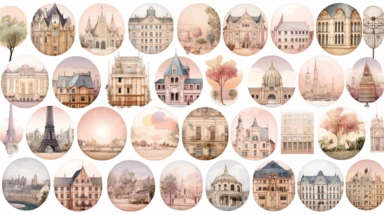 20 Digital stickers, sticker bundle, paris, city items, plain background, watercolor illustration, clipart, Beige, pink, grey, aesthetic, realistic, 8k,