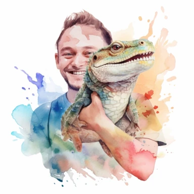 Adorable pet Monitor Lizard having happy moment with it's human owner, water color style, clipart, white background