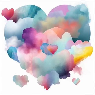 Heart Clouds Colorful Watercolor Sublimation Clipart, Clipart, white background, no watermark, no text, no word,