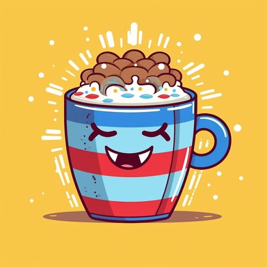isolated flat clipart on a white background of a cute Fourth of July themed happy cartoon face cup of cocoa throwing up a rainbow with stars on a blue background and red horizontal stripes tshirt design graphic, in the style of daniel f. gerhartz, transcendent, nikon d850, art of burma, captures the essence of nature, in the style of organic forms and patterns, expansive skies, hyper-detailed illustrations, i can't believe how beautiful this is, lively colors