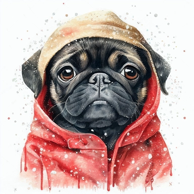 watercolor cute style, cute black pug in christmas winter coat, christmas head, christmas presents, smiles, cute, pug in red ears, it's snowing, white background, clipart