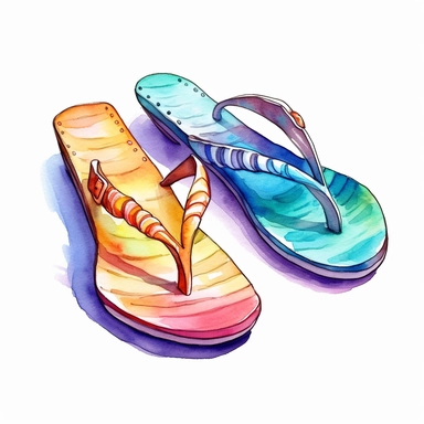 beach flip flop clip art, vibrant, hyper realistic, watercolor style, white background