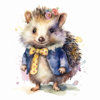a moving hedgehog dressed up, dressed up, happy smiling face, cute animal, adorable, playful atitude, adorable watercolor animal clipart, no background, high quality and very sharp image with clear focus