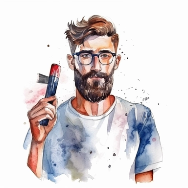 close shot of a man with beard and stylish haircut, barbar, holding sizer and barbar stuff, water color clipart, White background
