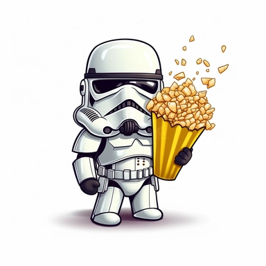 a cute cartoon illustration of an ear of corn dressed up in a storm trooper costume walking around shooting popcorn from its storm trooper blaster gun on a white background with clean lines suitable for clip art