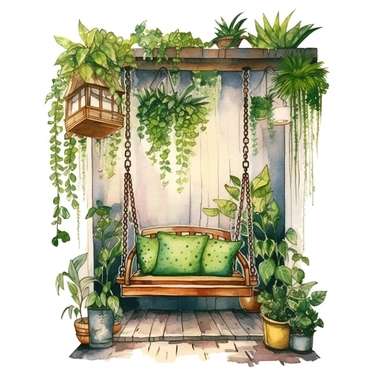 watercolor, hyper realistic, white background, white margins, 16k, ultra detailed clipart, cut out image, hand-drawn, whimsical manhwa style, ultra HD, sharp and clean art cozy balcony with a hanging swing chair, decorated with fairy lights and green plants,