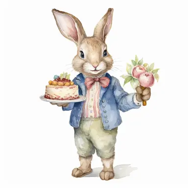 clip art watercolor illustration, cute male bunny, in vintage clothes, holding a cake with his two hands, side view, white background
