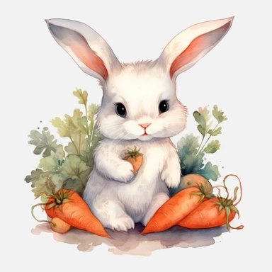 Watercolor: cute baby big eye rabbit happy cubby white bunny surrounded by carrots. png Full body realistic cartoon 32k UHD cute. 15cm thick outline. Black color. No shadow on the ground. with illustrations realistic water color and detailed illustrations. Cartoon, PNG clipart, transparent white background