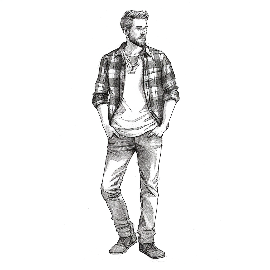 Man in flannel shirt and jeans, hands not in pocket, black line drawing ...