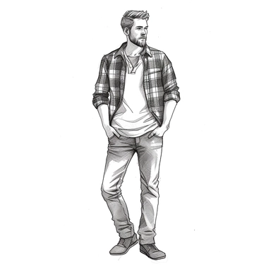 Man in flannel shirt and jeans, hands not in pocket, black line drawing, Clipart