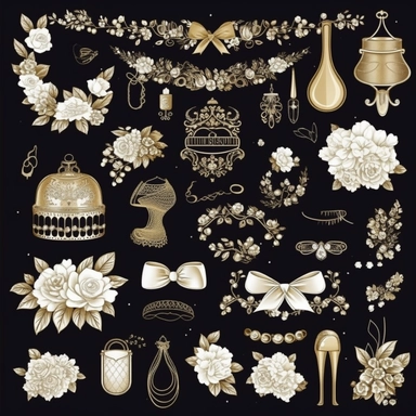 Create a set of 30 elegant shiny, blingy golden and soft, creamy white wedding-themed icons on a deep black background, perfect for digital clipart products and invitations. Include icons such as: Wedding Dress, Tuxedo, Wedding Rings, Bridal Veil, Floral Arrangements, Wedding Cake, Wedding Favors, Wedding Arch, Seating Chart, Wedding Program, Unity Candles, Champagne Glasses, Photo Booth, Props, Wedding Signage, Place Cards, Table Numbers, Bridal Bouquet, Groom's Boutonniere, Wedding Invitation,