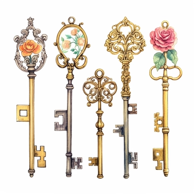 assorted gold keys inspired by Alice in wonderland watercolor illustration, design elements isolated on white background, vintage clip art - Image #4 <@1098423716465102849>