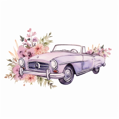 floral antique Mercedes Benz convertable car, watercolor Illustration, purple tones, Sublimation graphics, Watercolor clipart, single design, print on demand image, by Beatrix Potter, PNG transparent background, white background, 8k